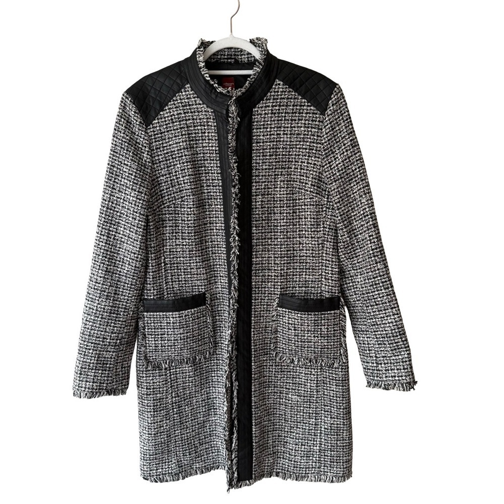 Olsen Europe Elegant Black and White Tweed Trench Coat Faux Leather Trim Size L